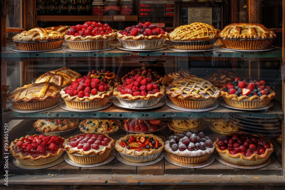 variety of fresh baked fruit pies displayed in a bakery window