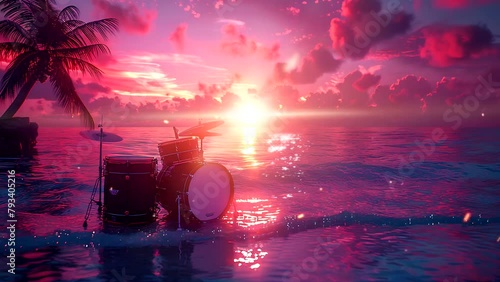 drum set on the beach at sunset, with palm trees and beautiful ocean, World music day. Seamless looping 4k time-lapse video animation background photo