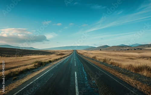 Capture endless road stretching ahead. Emphasize vanishing point, leading lines, and vastness
