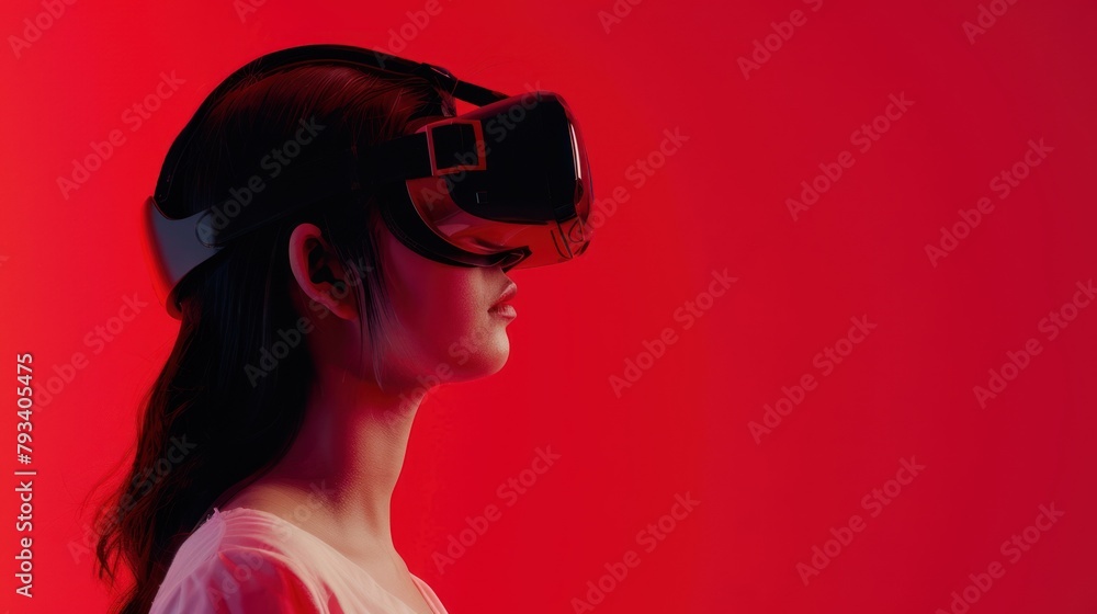 Portrait of woman using VR metaverse headset on red background, Woman wearing virtual reality headset Portrait of woman using VR metaverse headset on red background, Woman wearing virtual reality headset