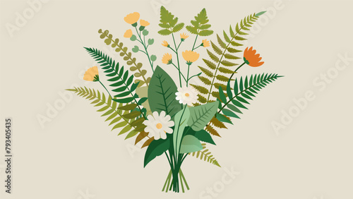 Inspired by the natural beauty of the outdoors a bouquet of ferns wildflowers and branches effortlessly come together as if they were just picked from. photo