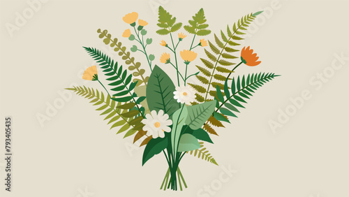Inspired by the natural beauty of the outdoors a bouquet of ferns wildflowers and branches effortlessly come together as if they were just picked from.