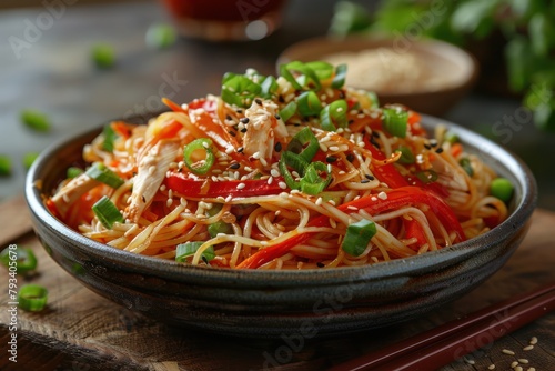 spicy asian cold noodle salad with fresh vegetables and sesame seeds
