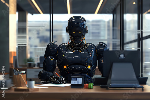 robot works in the office, with laptop, blurred background. Artificial intelect in future life. AI Generated	
