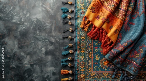 traditional eastern fabrics and beads on a dark artistic background, with copy space for text photo
