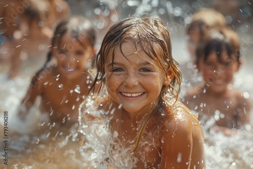 smiling girl enjoying water play with friends on a sunny day