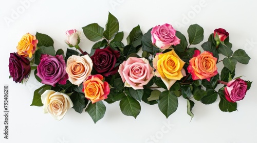 Capture the essence of celebrations with a vibrant English rose bouquet elegantly arranged on a crisp white backdrop Viewed from above in a flat lay style leaving ample space for personaliz