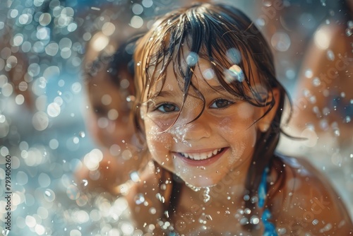 cheerful children with water droplets, detailed close-up in sunlight photo