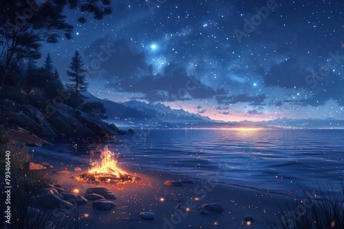 enchanting starlit beach with bonfire, calm water, and mountain silhouette