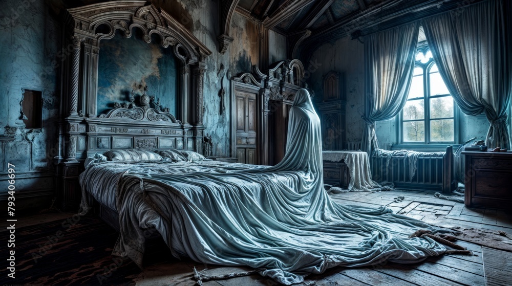 A decaying bedroom with a large bed, a window with curtains, and a ghostly figure standing at the foot of the bed.