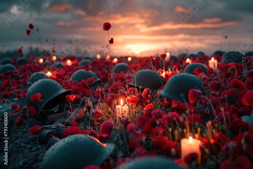 memorial day, solemn military helmets on battlefield with red poppies and candles at dusk