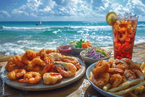 beachfront dining experience with fried seafood platter and iced tea photo