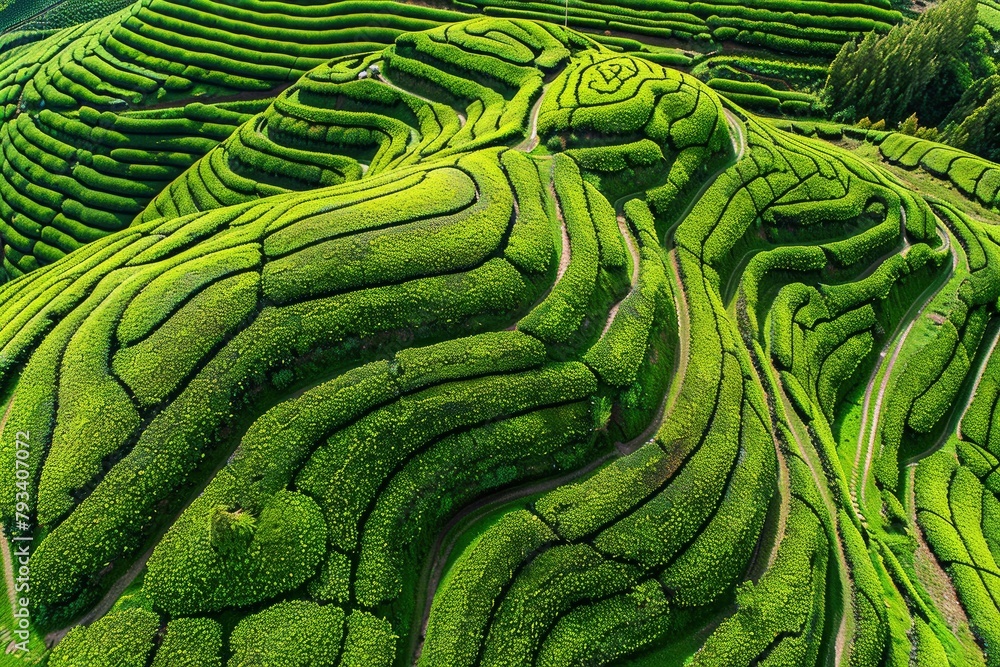Aerial drone view of shapes of Cha Gorreana tea plantation at Sao Miguel, Azores, Portugal - generative ai Aerial drone view of shapes of Cha Gorreana tea plantation at Sao Miguel, Azores, Portugal - generative ai