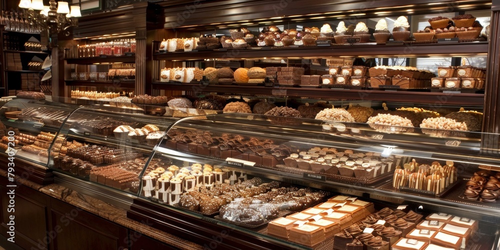 Beautiful array of assorted chocolates in luxurious shop display, evoking indulgent celebrations and gourmet decadence, rich brown hues dominate.