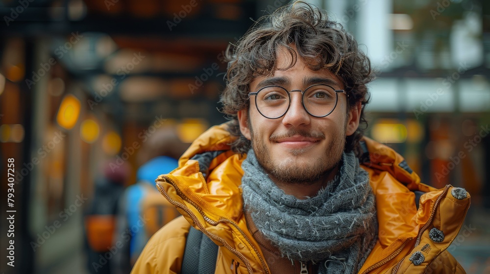 Charming young man with glasses, joyful smile, wearing yellow jacket in vibrant urban setting, evoking warmth & approachable city life mood.
