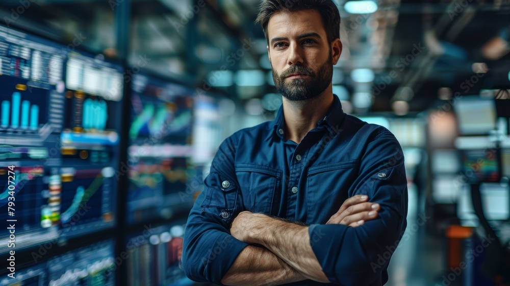 Confident man in navy blue shirt standing in front of multiple data-monitoring screens in a high-tech work environment. Confident man in navy blue shirt standing in front of multiple data-monitoring screens in a high-tech work environment.