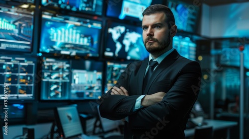 Confident businessman in suit standing in high-tech control room filled with screens displaying data and maps, embodying corporate power and technology mastery.