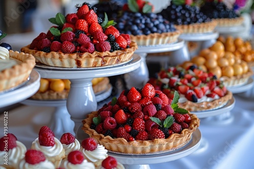 luxurious fruit tart display with fresh berries and mint at upscale event catering