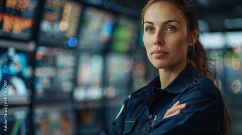 Confident female security officer monitoring surveillance screens, focused look, indoor setting, professional mood, technology theme. photo