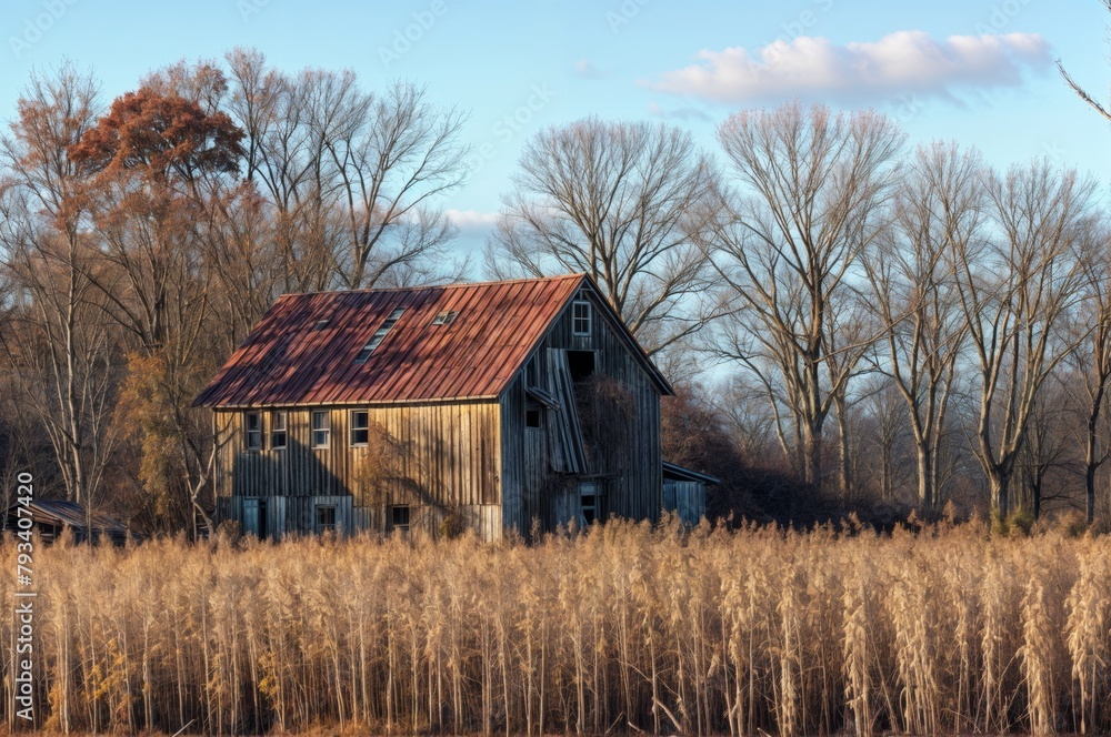 Abandoned barn on the edge of a field in autumn.