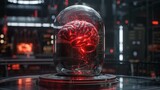 Futuristic glowing brain encased in glass amid neon-lit science facility, hinting at advanced neuroscience, technology themes, possibly in a cyberpunk setting.