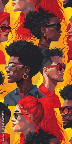 Vibrant illustration of diverse stylish people with sunglasses in warm red and yellow tones, capturing summertime fashion trends.