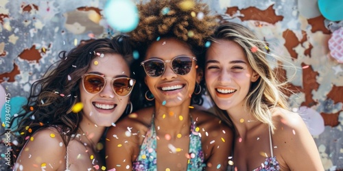Joyful trio celebrating with colorful confetti, vibrant multiracial women sharing happy moment in festive atmosphere, perfect for party-themed visuals.