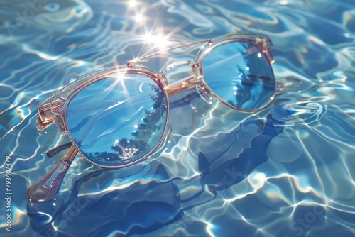 stylish sunglasses floating on clear pool water with sunlight reflections