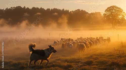 A dog is herding a flock of sheep in a misty field at sunrise.