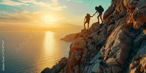 Vibrant sunset rock climbing adventure with two people scaling rugged coastal cliff, golden hour illumination, teamwork in nature exploration, copy space.