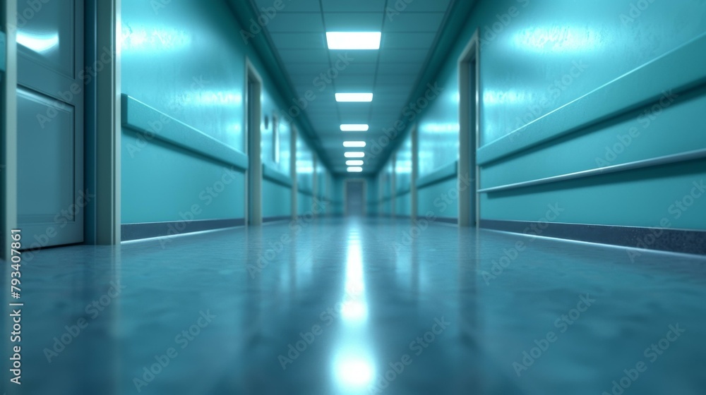 Empty hospital corridor with blue tones evoking feelings of calmness, suitable for healthcare themes or medical advertisements. Copy space. Empty hospital corridor with blue tones evoking feelings of calmness, suitable for healthcare themes or medical advertisements. Copy space.