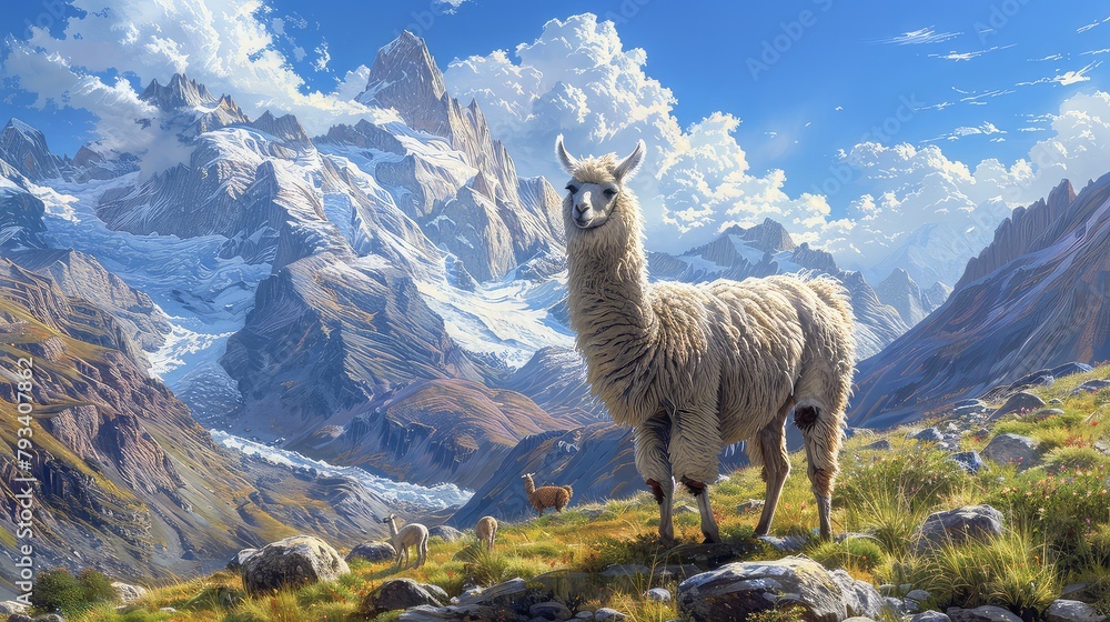 Fototapeta premium A llama standing in the Andes Mountains of South America.
