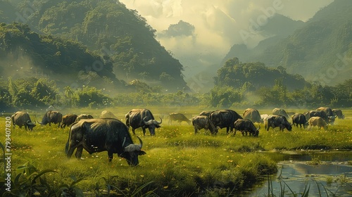 A herd of buffalo grazing in a lush green field with a river and mountains in the background photo