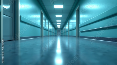 Empty hospital corridor with blue tones evoking feelings of calmness  suitable for healthcare themes or medical advertisements. Copy space.