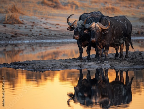 Two African buffalo standing in a river at sunset with the reflection on the water.