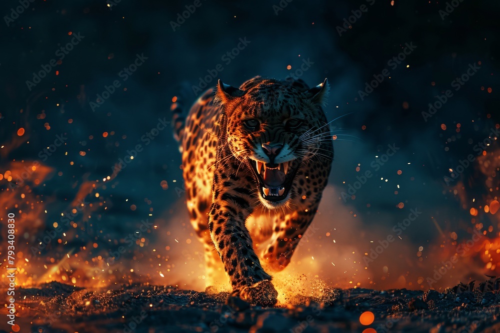 A fierce leopard charges forward amid glowing embers and sparks, its eyes focused and mouth open in a snarl.