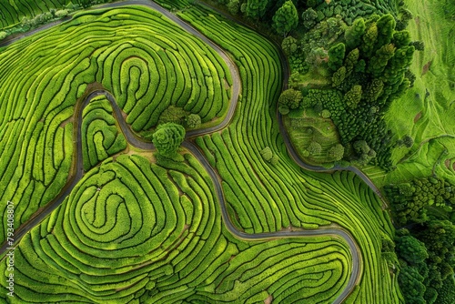 Aerial drone view of shapes of Cha Gorreana tea plantation at Sao Miguel, Azores, Portugal - generative ai