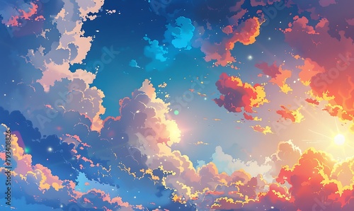 whimsical anime-style illustration of a summer sky adorned with cumulonimbus clouds © AhmadTriwahyuutomo