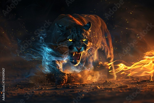 A digital artwork of a fierce mountain lion, enveloped in flames and mystical blue smoke, prowling angrily against a dark, fiery background. photo