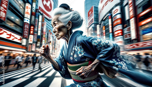 Vibrant old Japanese woman running fast in kimono.