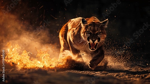 A powerful tiger charges through flames and dust, its mouth open in a snarl under dramatic lighting.