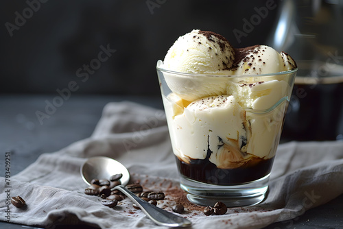 The velvety goodness of affogato: Creamy vanilla gelato in deep espresso pool. photo