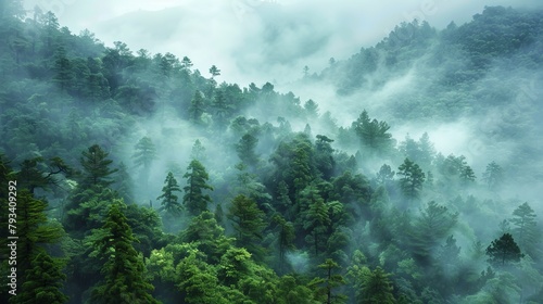 Lush green forest shrouded in mist, evoking a serene, mysterious atmosphere © Denys