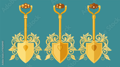 A set of golden filigreeedged garden shovels ideal for digging up and transplanting heirloom plants in the lavish garden..