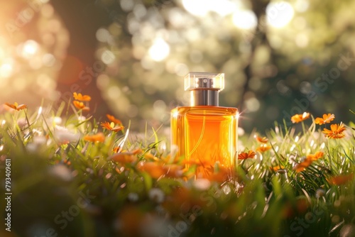 a small elegant summer perfume fragrance scent bottle photography on a grass with nature background 
