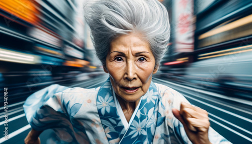 Vibrant old Japanese woman running fast in kimono.