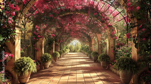 This is a picture of a garden path with pink flowers growing over a stone archway.