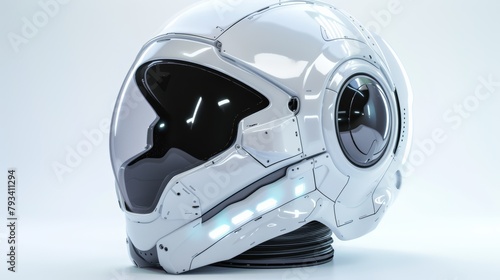 Futuristic White Motorcycle Helmet with LED Lights, Sci-Fi Design in Close-up - Advanced Protective Gear on White Background photo