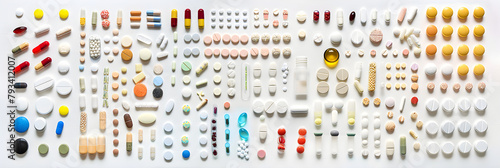 Panoramic View of Variety of Prescription Drugs Arranged Aesthetically on a White Backdrop