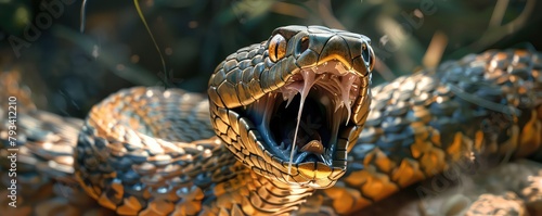 A realistic painting of a venomous snake with its mouth wide open, ready to strike. photo